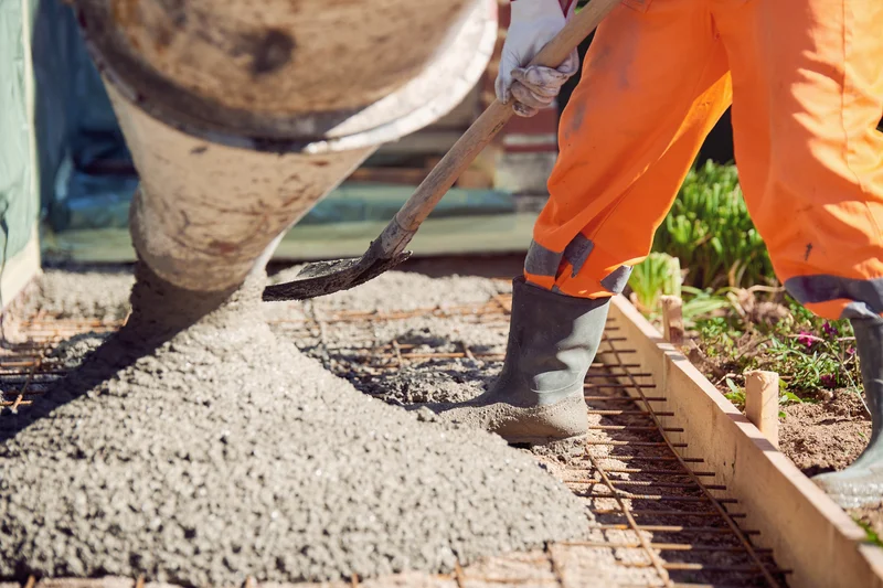 Pouring concrete from chute onto rebar reinforcement grid. Pouring concrete from chute onto rebar reinforcement grid.