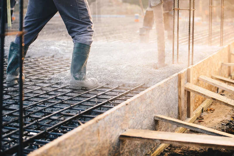 Worker installing concrete foundation over metal rebar grid structure. Worker installing concrete foundation over metal rebar grid structure.