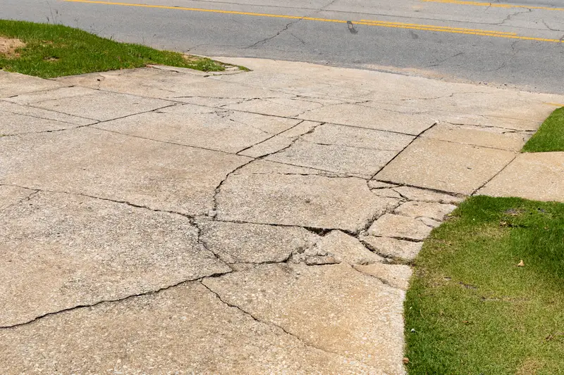 Damaged concrete driveway with large cracks and broken sections near road.