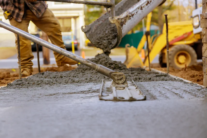 Professional smoothing wet cement using a long-handled bull float tool. Professional smoothing wet cement using a long-handled bull float tool.