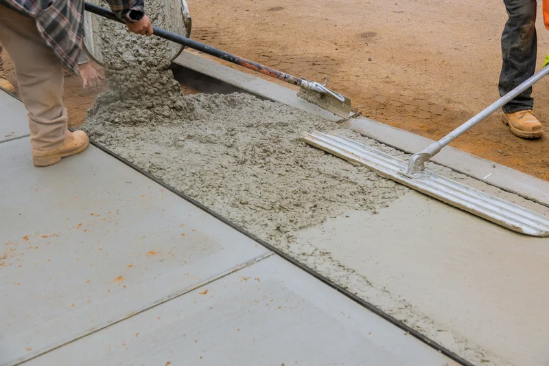 Concrete sidewalk repair with workers pouring and smoothing wet cement. Concrete sidewalk repair with workers pouring and smoothing wet cement.