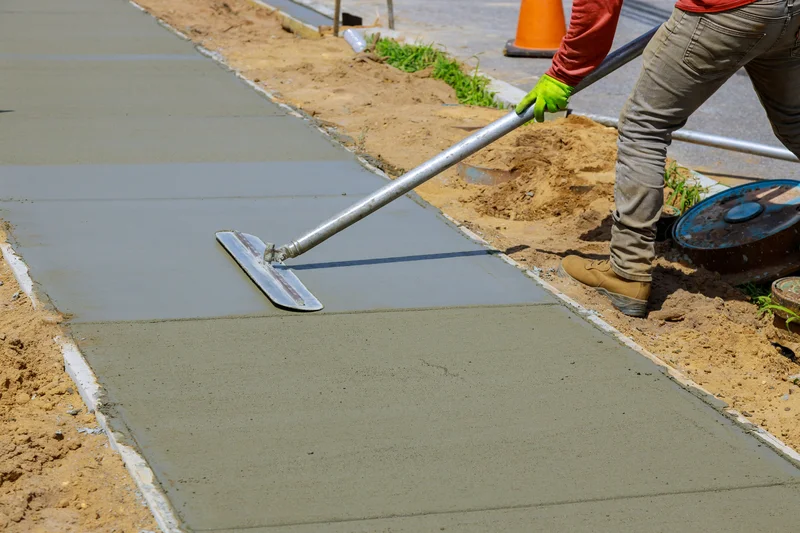 Contractor smoothing wet concrete on a sidewalk using a bull float tool. Contractor smoothing wet concrete on a sidewalk using a bull float tool.