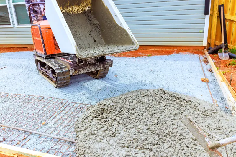 Pouring wet concrete for backyard patio installation project. Pouring wet concrete for backyard patio installation project.
