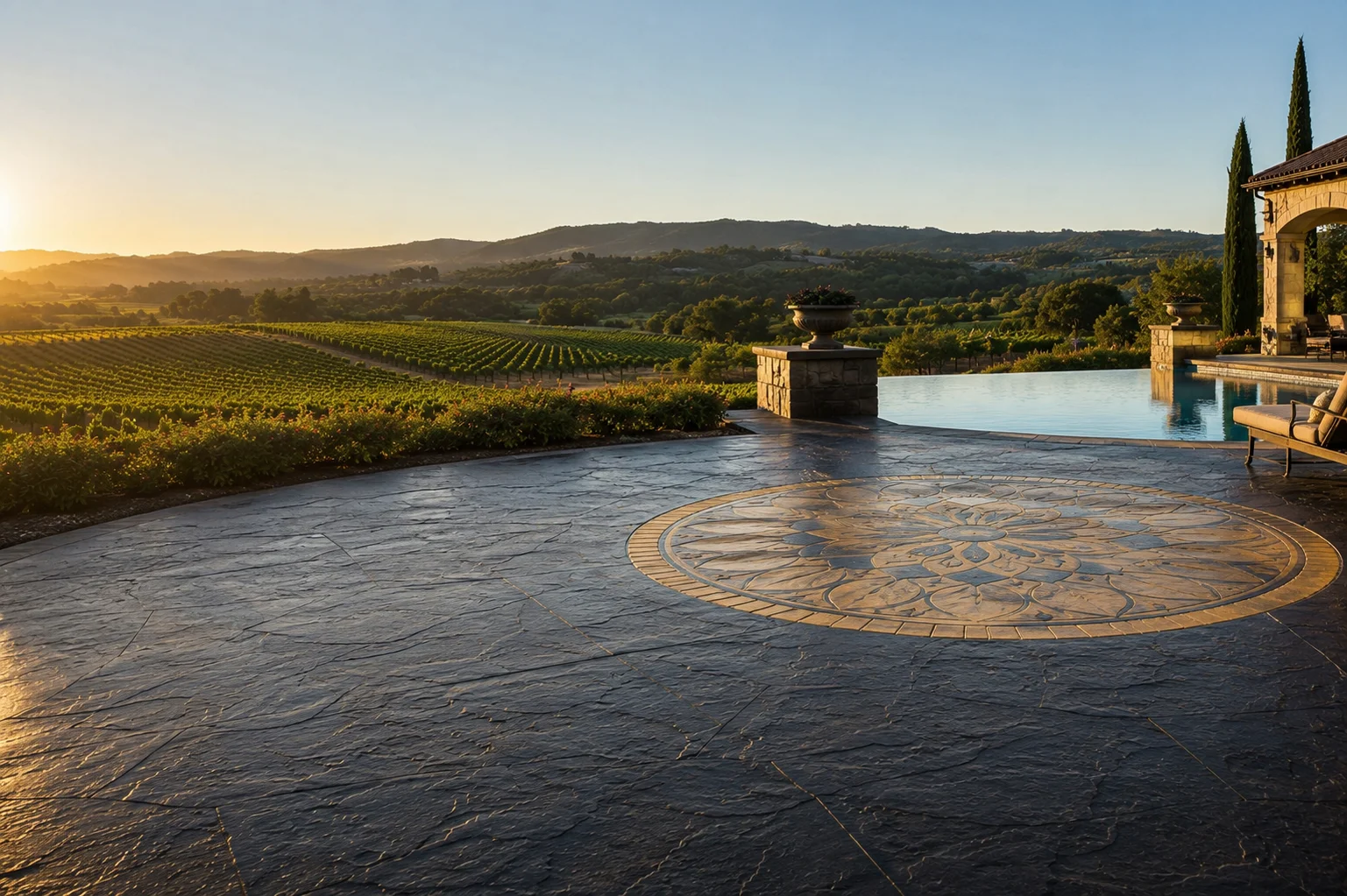 Decorative stamped concrete patio design next to swimming pool