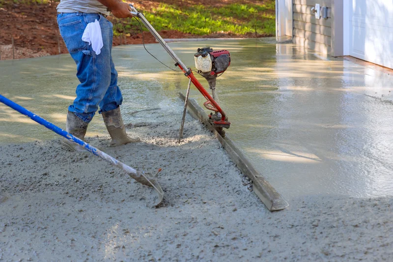 Construction worker leveling wet concrete driveway with a power screed. Construction worker leveling wet concrete driveway with a power screed.