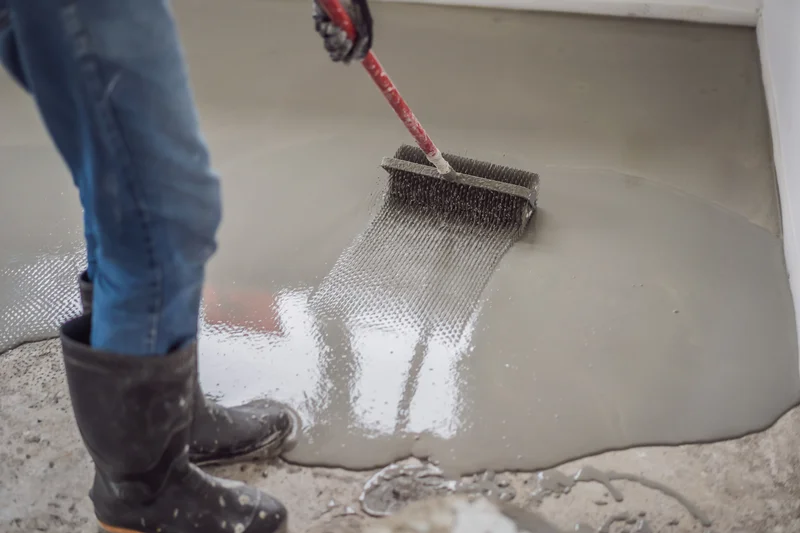 Professional applying a self leveling concrete underlayment coat. Professional applying a self leveling concrete underlayment coat.